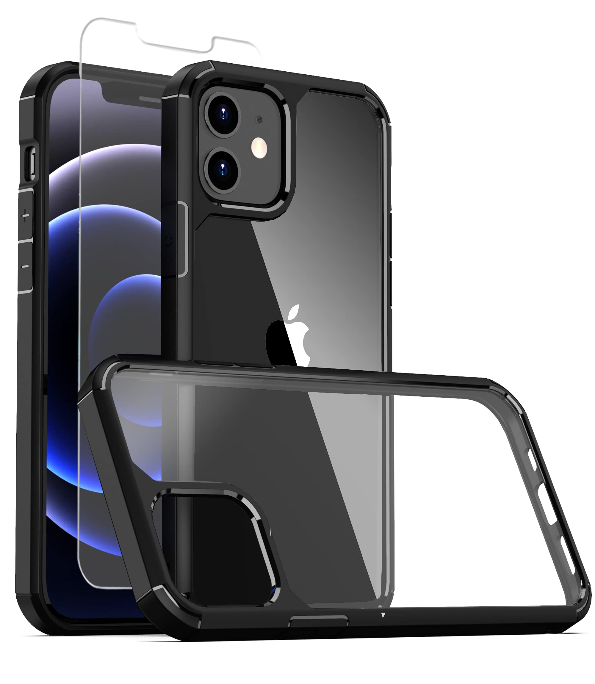 Clear iPhone 6.1 12 Case with Raised Edge and Hard PCA Back, Slim Fit Protective Apple iPhone12 Cover with Screen Protection, Precise Cut Outs Scratch Resistance, Anti-Shock, Anti-Yellowing, Black