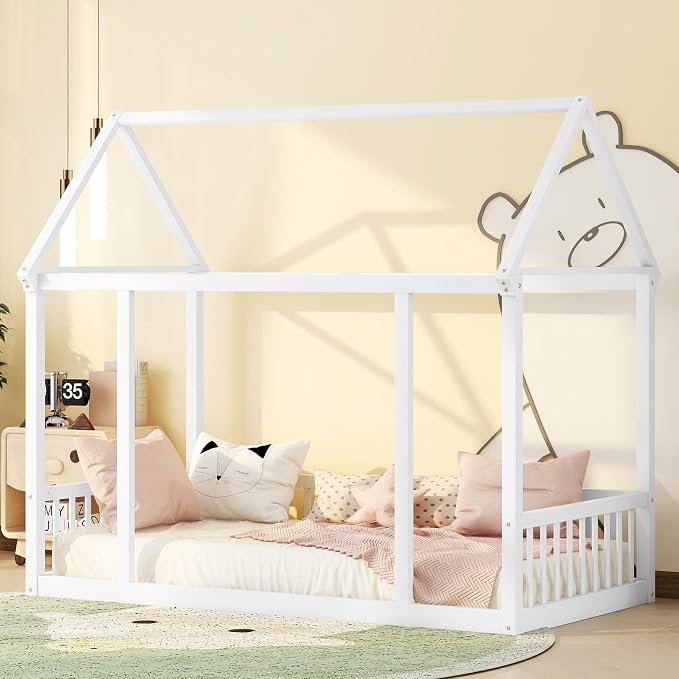 Bellemave Twin Size Floor Bed for Kids, Girls, Boys, Wood House Bed Frame, Floor House Bed for Kids, Twin Size Montessori Floor Bed with Fence, Playhouse for Kids, White