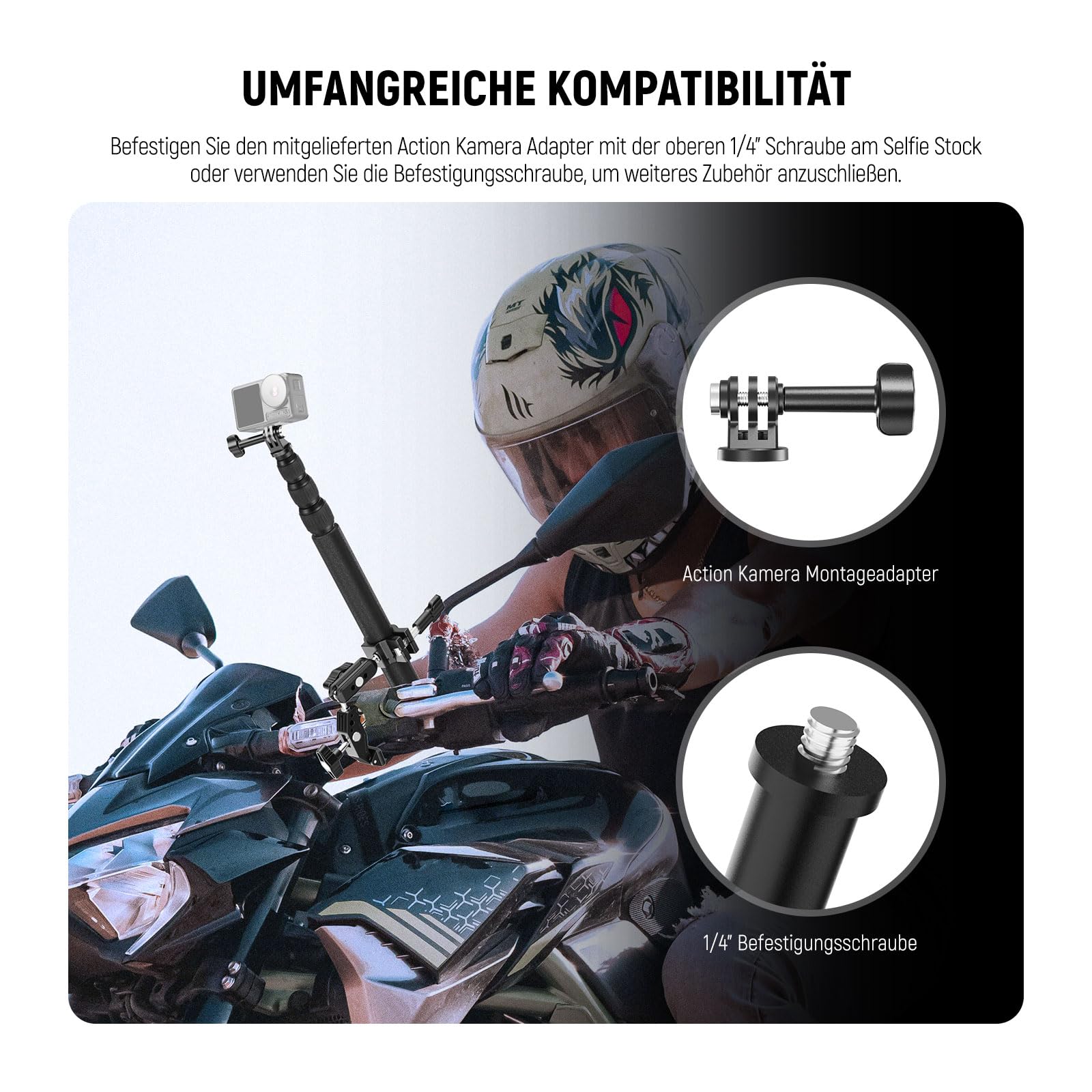 NEEWER Motorrad Kamerahalterung Set, unsichtbarer Selfie Stick für Fahrradlenker, 360°Kugelgelenke, Superklemmen und Reinigungstuch, kompatibel mit GoPro Insta360 DJI AKASO Action Kameras, GP-30
