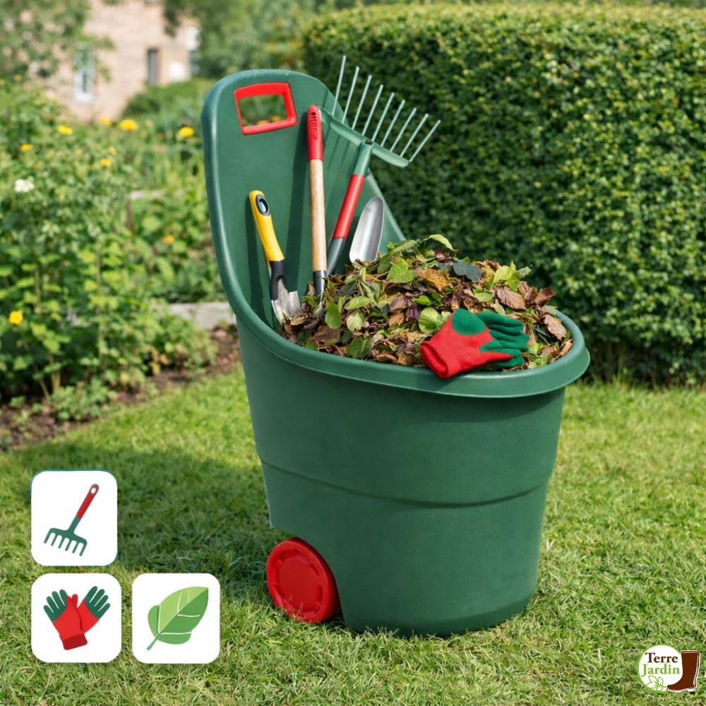 TERRE JARDIN Chariot de Jardin 45 L en Plastique - Brouette de Jardin 2 Roues Maniable avec Poignée - Chariot à roulettes pour Bois de Chauffage, Déchets Verts et Entretien Extérieur