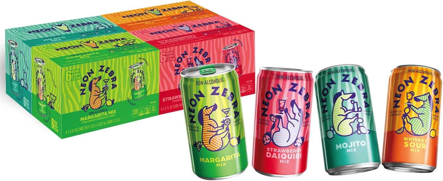 Neon Zebra 4 Flavor Variety Pack (Mojito, Margarita, Strawberry Daiquiri, Whiskey Sour), Cocktail Mixers, No Artificial Sweeteners, 5% Juice, 7.5oz Cans (24 Pack)