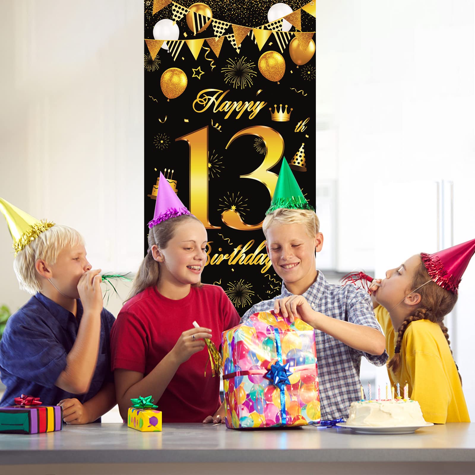 Banner per 13° compleanno, con scritta Happy 13th birthday in oro nero decorazione per porta, 13° compleanno forniture per ragazzi e ragazze per feste di 13 anni decorazione per interni ed esterni