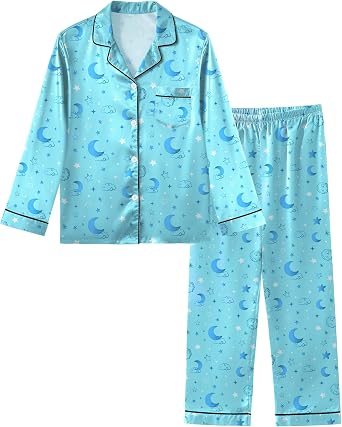 Sylfairy Girls Pajamas Silk PJS Set Satin Sleepwear Long Sleeve Jammies for Kids Button-Down Nightwear Loungewear 3-16 Years