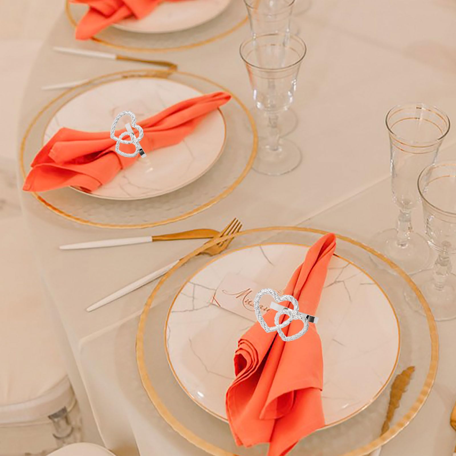 Servilleteros de corazón para el día de San Valentín, doble letra de amor, servilleteros para bodas, fiestas, cenas, vacaciones, mesa, decoración de mesa, decoración del hogar (doble amor-plateado)