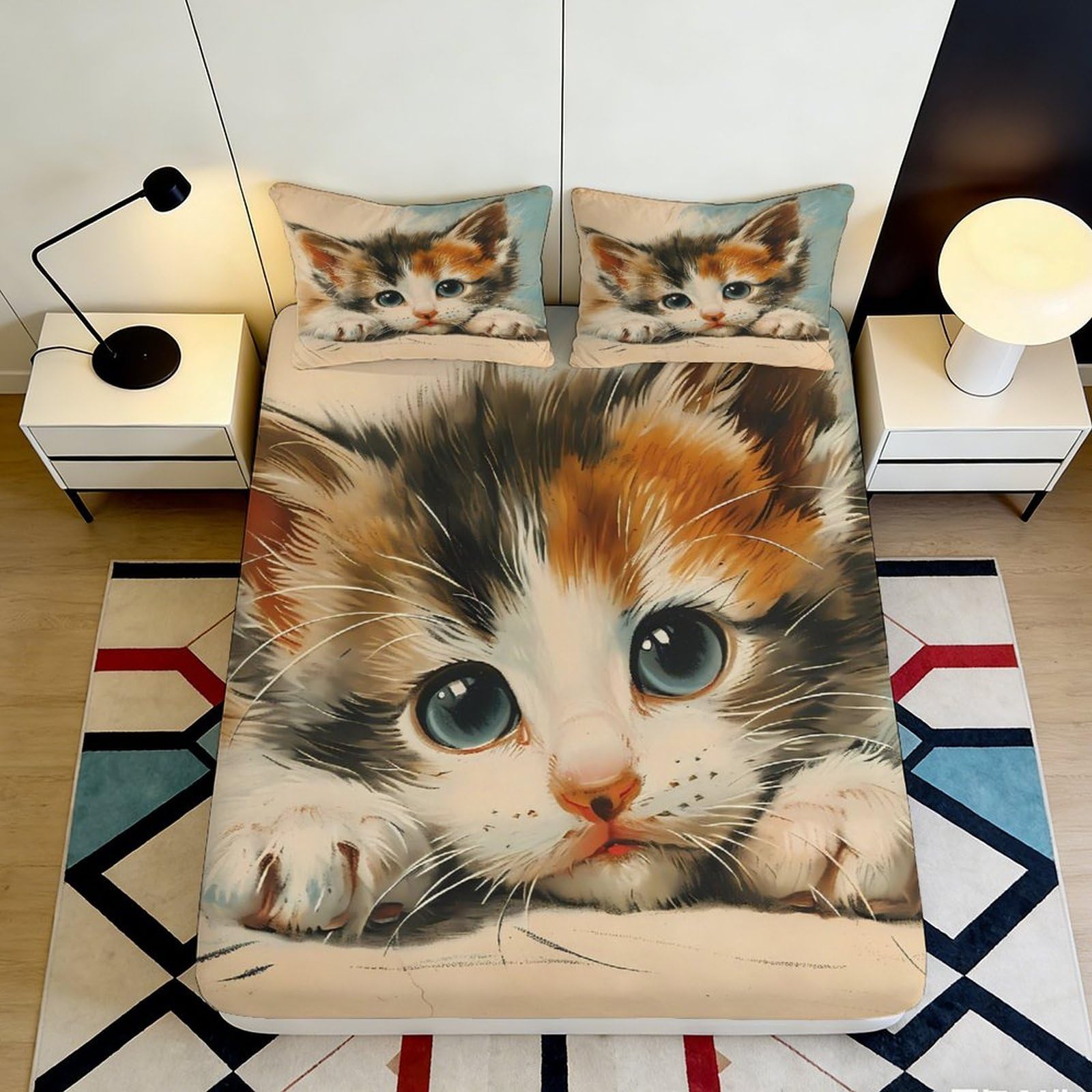 3D Printed Calico Cat Fitted Sheet Microfiber Soft Bedroom Decor Kitten Mattress Cover for Home Guest Room 90x200x25cm