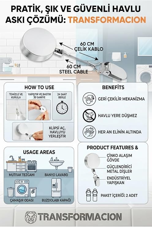 Transformacion 2li Geri Çekilebilir Havlu Askısı Yapışkanlı Mutfak Banyo Havlu Klipsi Duvar Askılığı Kancası Delmesiz Çinko Alaşım Metal Pratik Havlu Tutucu 723454