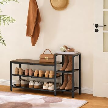 YATINEY 3-Tier Shoe Rack Bench, Wooden Shoe Storage Bench, Industrial Entryway Bench with Storage, Multi-Functional Shoe Rack with Seat for Bedroom, Hallway, Living Room, Rustic Brown and Black HX05BR