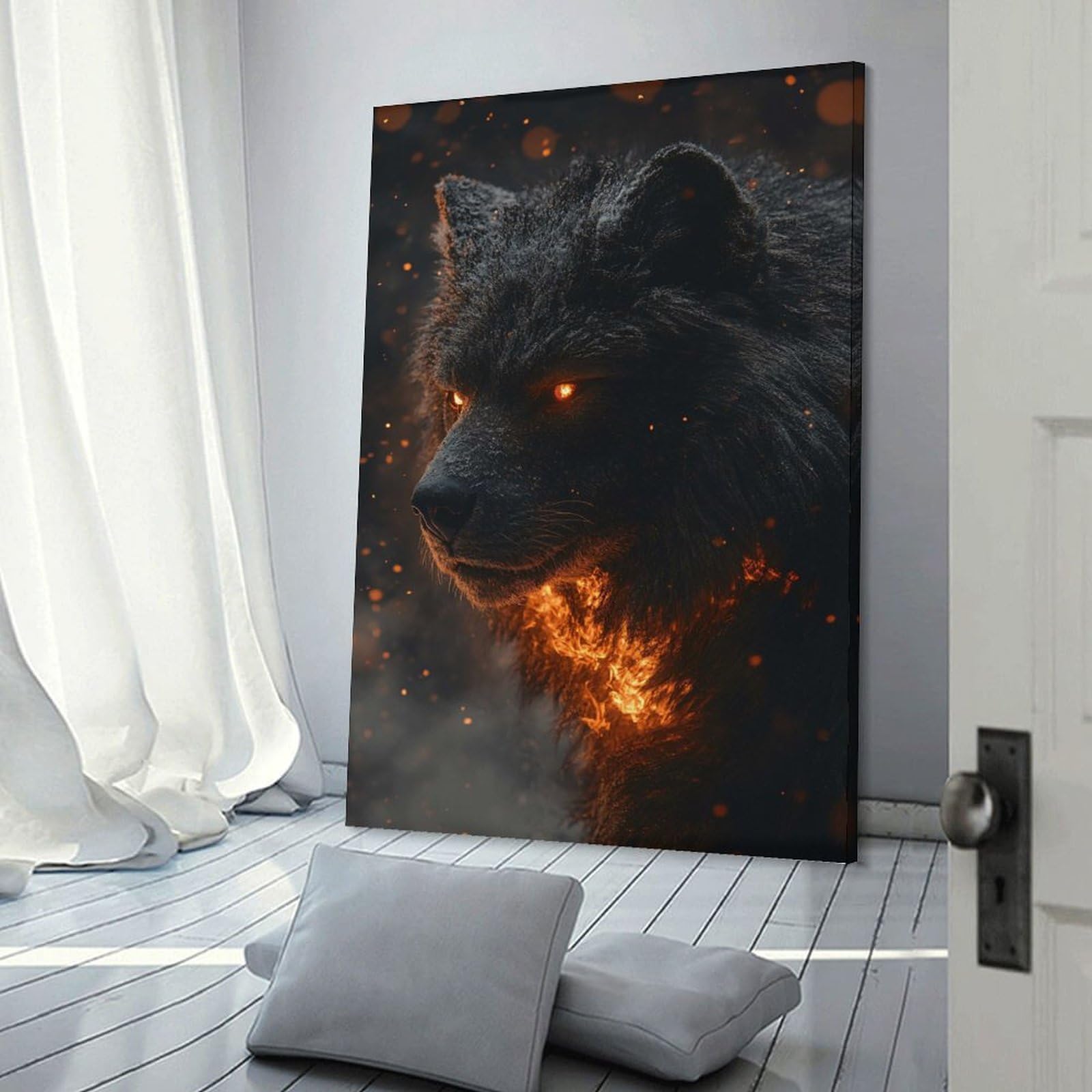 Junmoney Fiery Wolf with Glowing Eyes Canvas Wall Decor 24x36inch(60x90cm), for Home Lounge, Bedroom Or Reading Nook, A Home Accent with Warm Character
