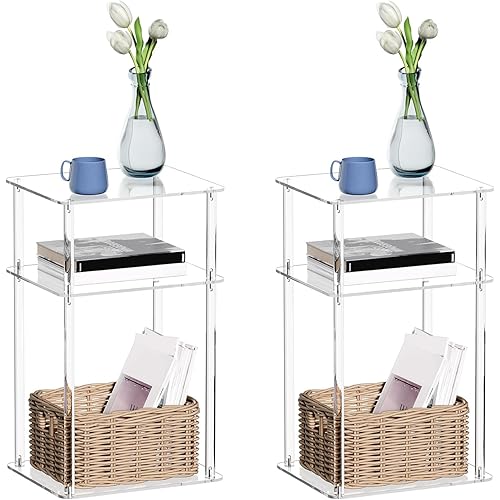 HMYHUM Small Acrylic Side Tables for Small Spaces, 14" L x 11.5" W x 23.2" H, Small Nightstand/Bedside Table Set of 2, Home Accent End Table for Living Room, Bedroom, 3-Tier, Clear
