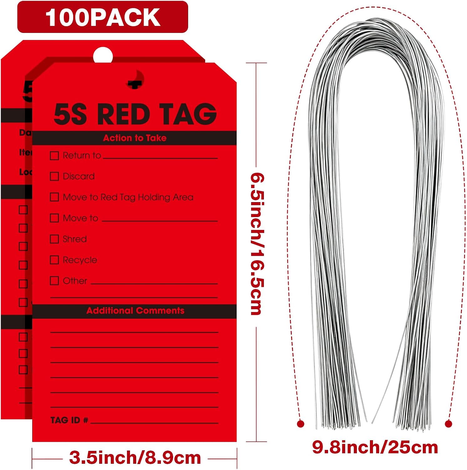 5S Red Tags with Wire, 100 Pack, 3.25 x 6.25 Inch Large Write-On Quality Control Tags, Durable Paper with 9.84" Wire Ties for Warehouse, Workshop, Office and 5S Organization Management image 2