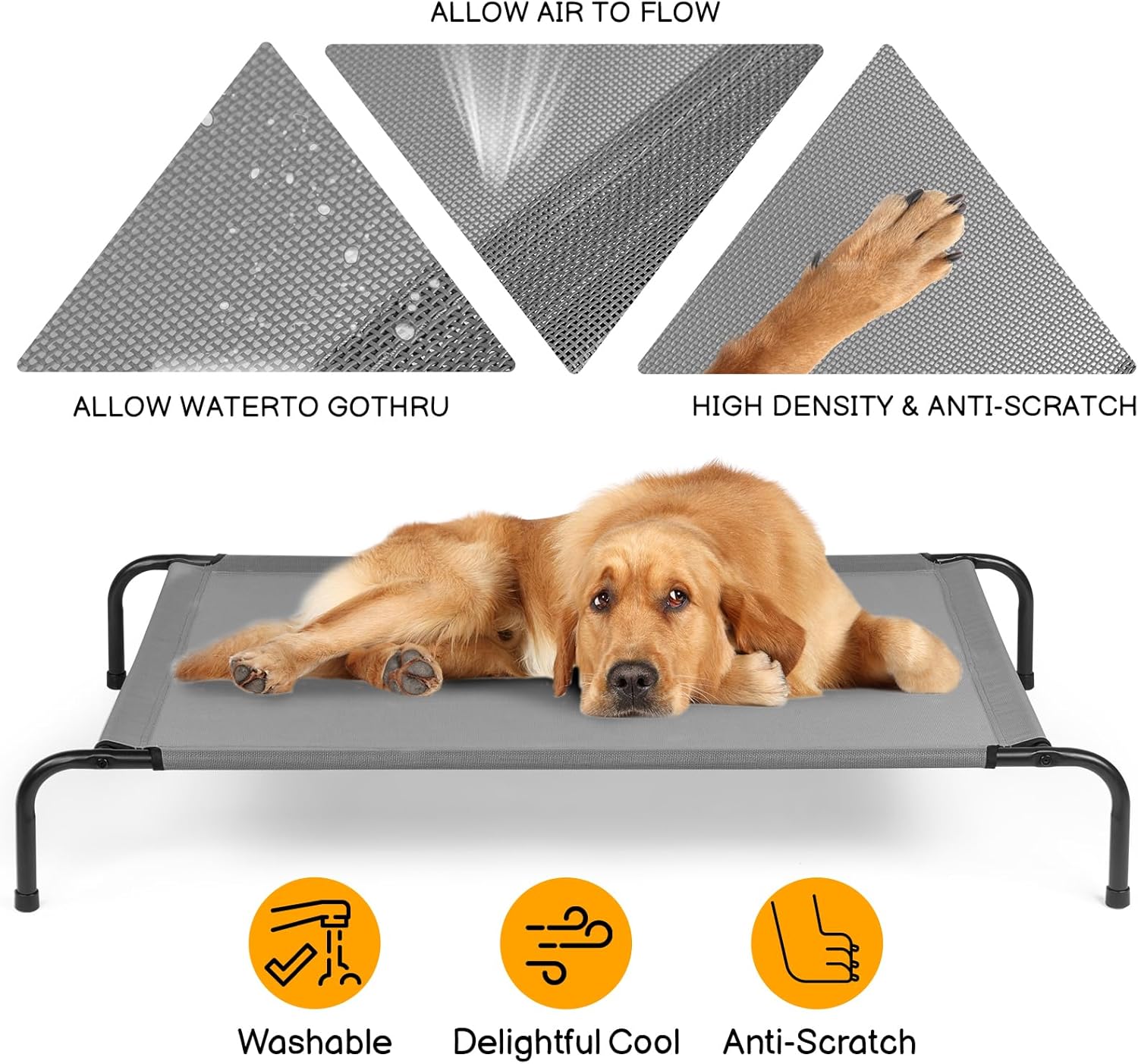 Outvita 50 Inch Elevated Dog Bed, Outdoor Cooling Raised Pet Cot, with Waterproof Textilene Mesh, Washable, Breathable, Alloy Steel Frame, Portable, Chew Proof, Indoor & Outdoor (Gray)