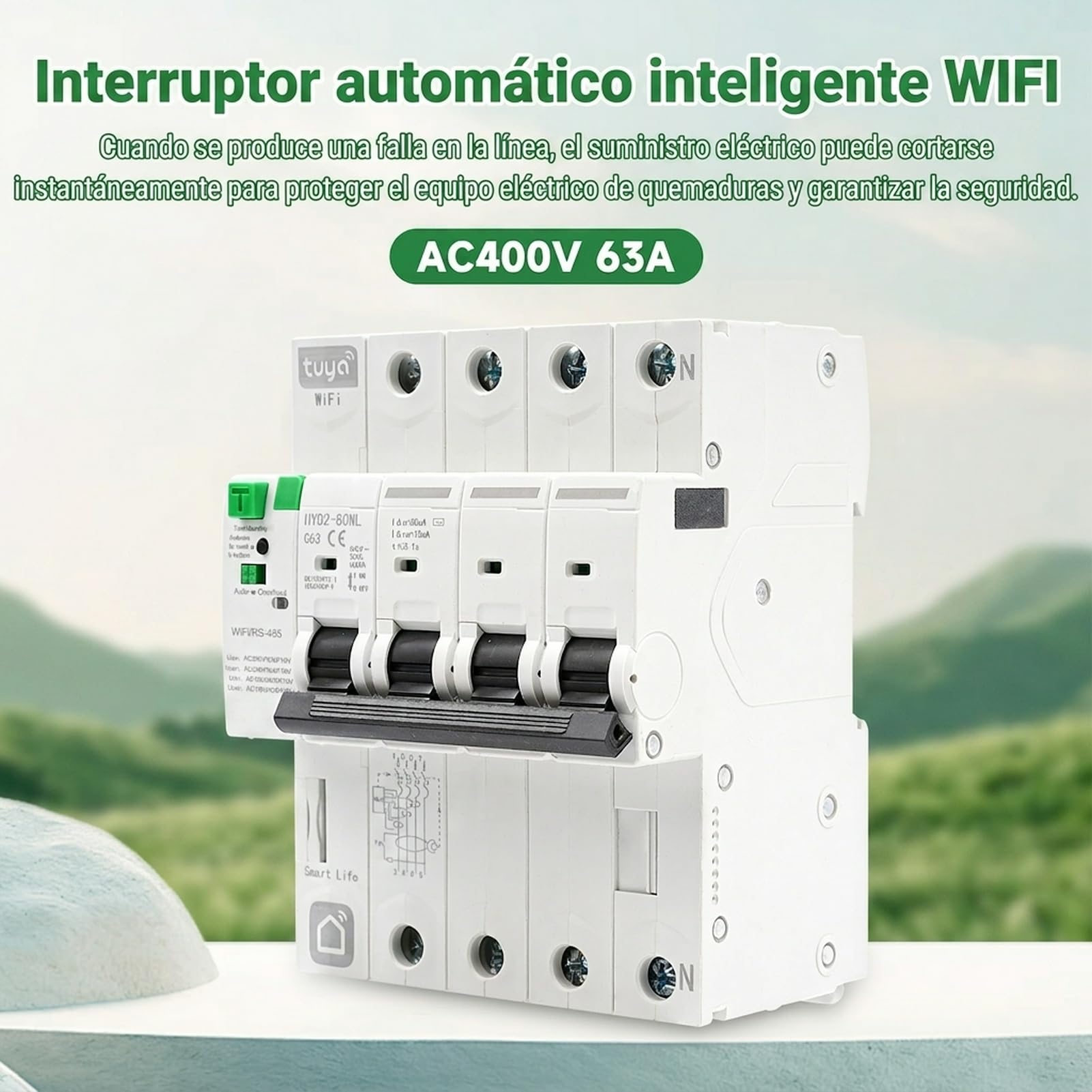 Disyuntor inteligente wifi 63A 30ma magnetotermico 380V 4P TUYA/Smart Life APP Recovery inteligente de reconexion interruptor Proteccion contra fugas contra fugas por subtension.