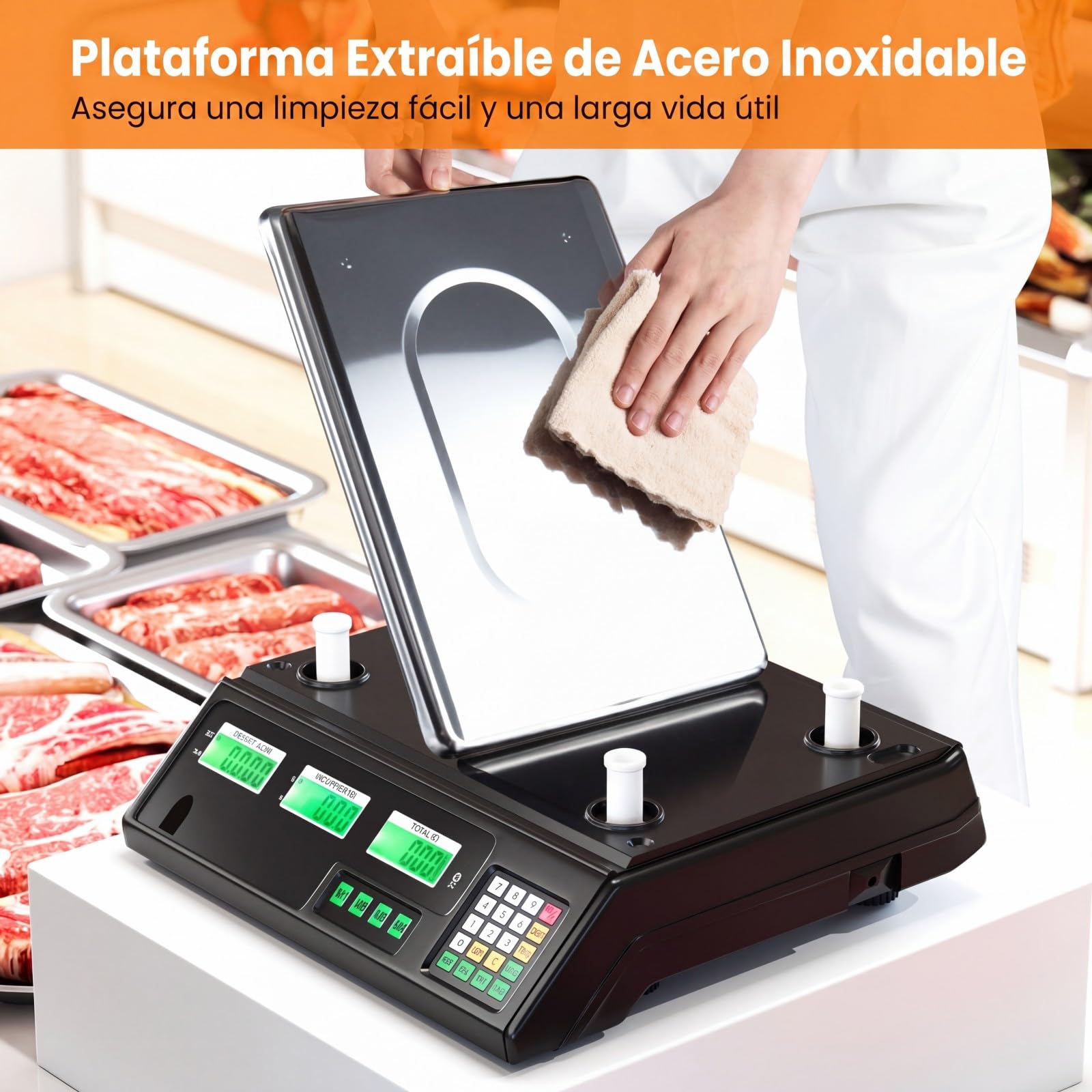 COSTWAY Báscula Digital 40 kg/5g, 7 Funciones de Tara y Recuento | Pantalla LCD, Balanza Portátil Acero Inoxidable, Batería Recargable,Báscula de Comercio, Ideal para Tienda y Frutería