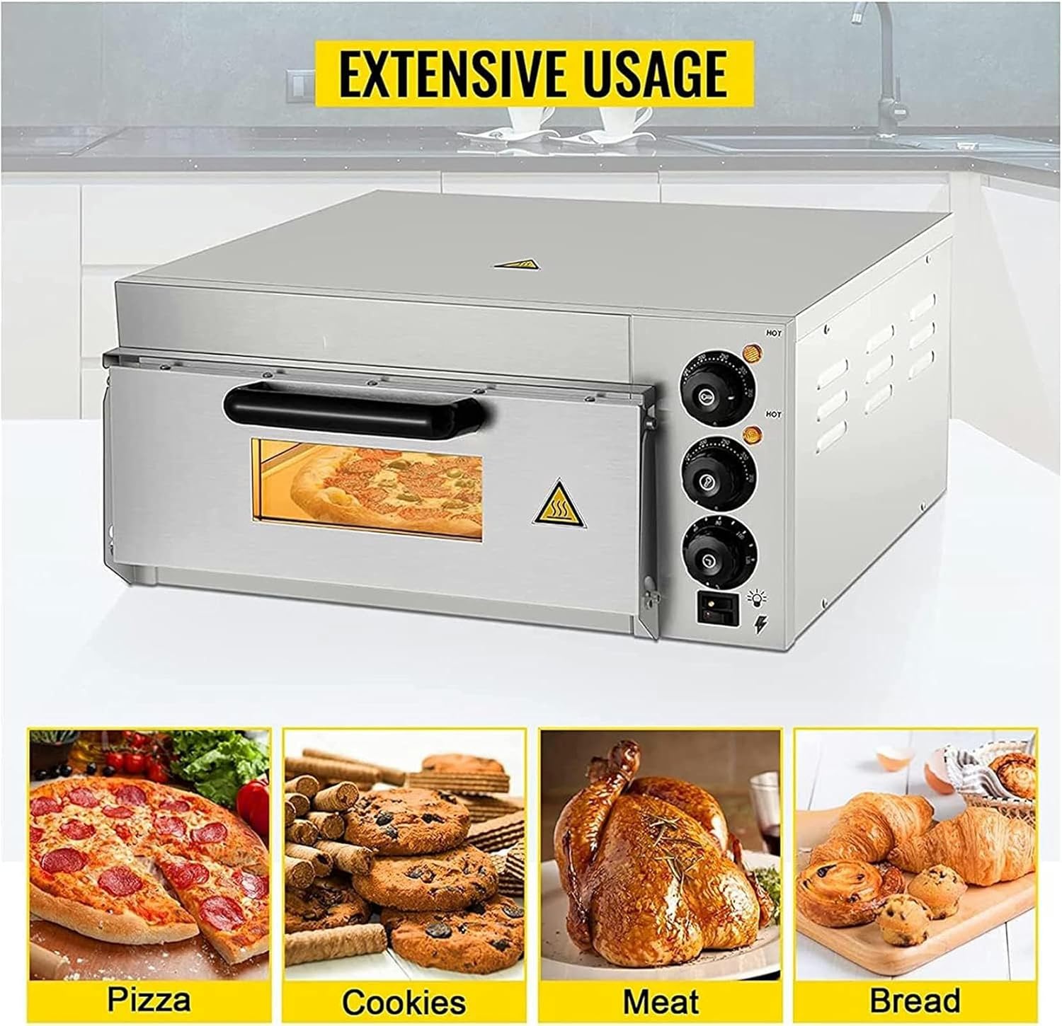 Electric Pizza Oven Commercial Pizza Oven,Electric Pizza Oven Maker -1300W, 50-350℃,Separately Controlled Thermostats Stainless Steel Commercial Pizza Oven with Timer