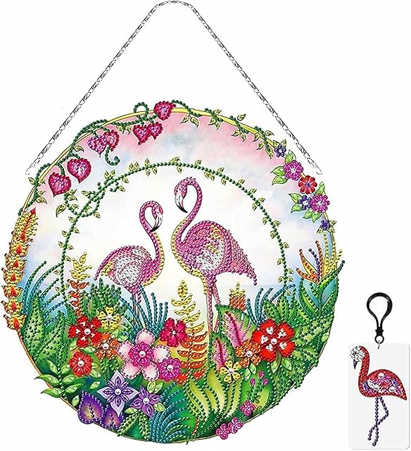 Door Wreath Christmas 5D Diamond Painting with Led Light DIY Handmade Rhinestone Garland Ornaments Easter Halloween Christmas Designs Wall Hanging Decoration (Flamingo)