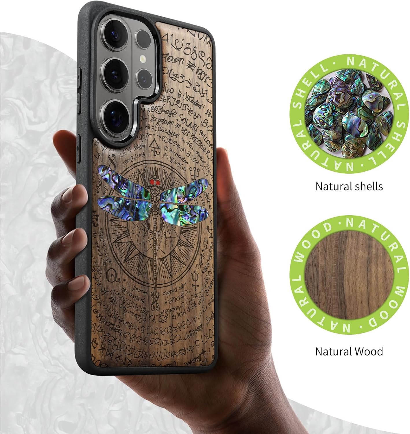 Carveit Magnetic Wooden Case for Samsung Galaxy S26 Ultra Case, Wood Artisan Engraved & Handmade Shell Inlaid, Compatible with MagSafe Wireless Chargers (Graceful Dragonfly) Walnut