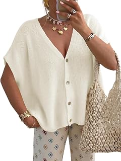 NEWHER Womens Batwing Short Sleeve Cardigans Sweaters Tops Spring Summer 2026 Oversized V Neck Button Up Knit Cardigan