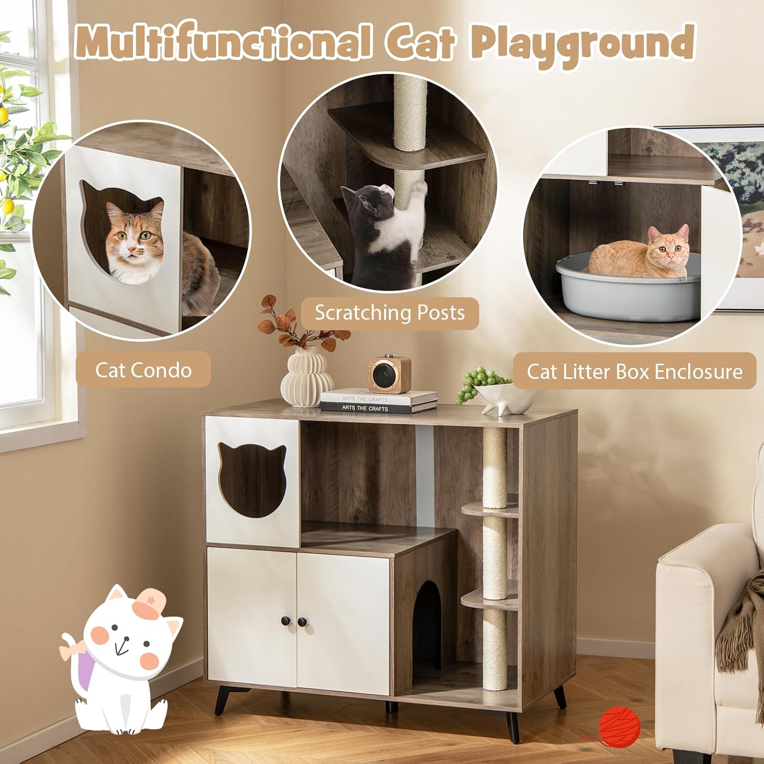 Tangkula Cat Litter Box Enclosure, 5-in-1 Enlarged Hidden Litter Box Furniture with Cat Condo, 3 Scratching Posts, 5 Metal Support Legs, Cat Washroom, Multi-Layer Cat House for Indoor Cats