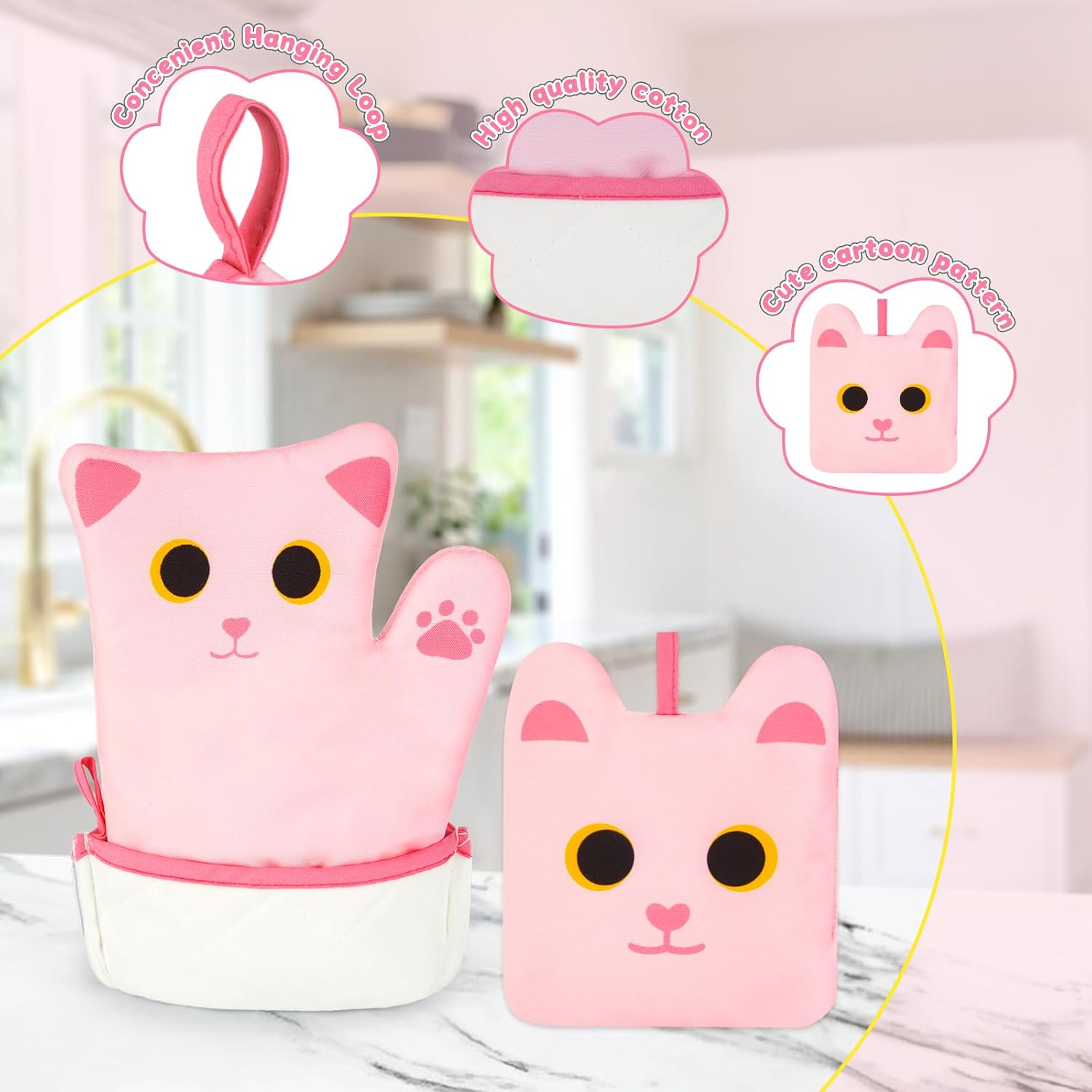 Pink Oven Mitts,Cat Design Cooking Glove