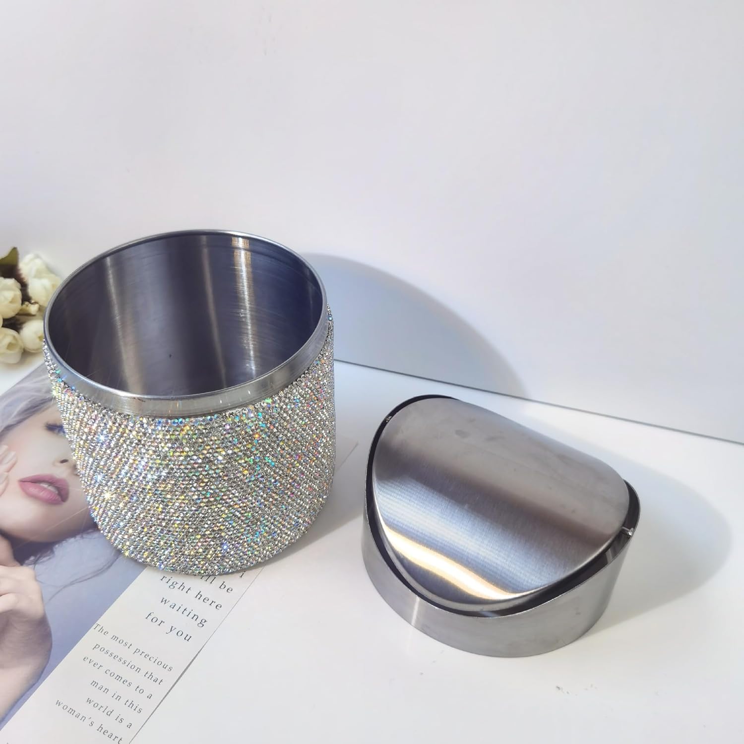 Trash Can Wastebasket – Garbage Container Bin Waste Basket Crystal Rhinestone Bedazzled Glitter Deco Vanity Home Office Desk, Perfect for Vanity and Small Items -White