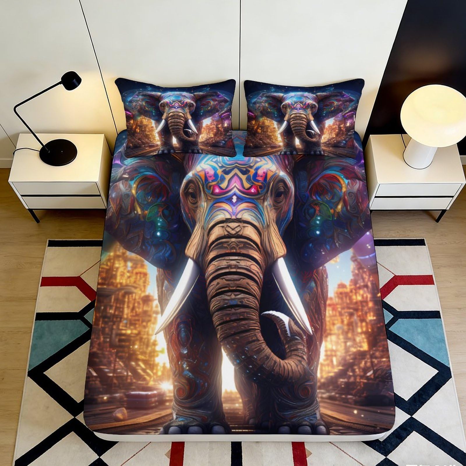3D Printed Colorful Elephant Fitted Sheet Microfiber Soft Anti-Slip Urban Jungle Bed Cover for Bedroom Dorm Decor 180x200x25cm