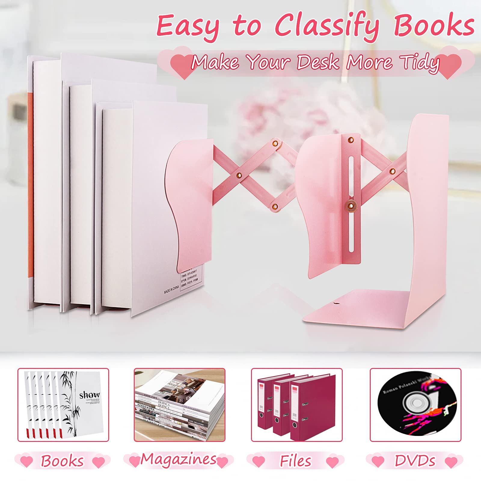 Sujetalibros antideslizantes para sostener libros, sujetalibros ajustables resistentes, sujetalibros de metal para estantes, organizador de libros rosa para escritorio, se extiende hasta 19
