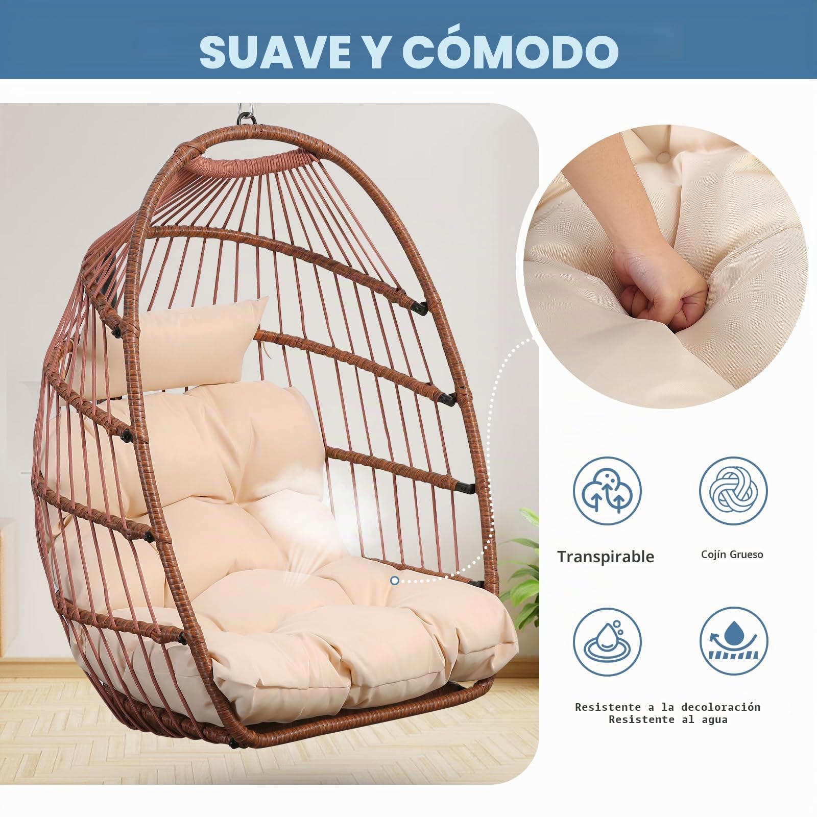 Goutime Silla Colgante de Huevo con cojín Resistente a los Rayos UV, Silla oscilante Plegable con Capacidad de 204KG para Interiores y Exteriores, jardín, Patio Trasero (Marrón Rojizo sin Soporte) | Silla oscilante plegable con forma de huevo, cojín inclu
