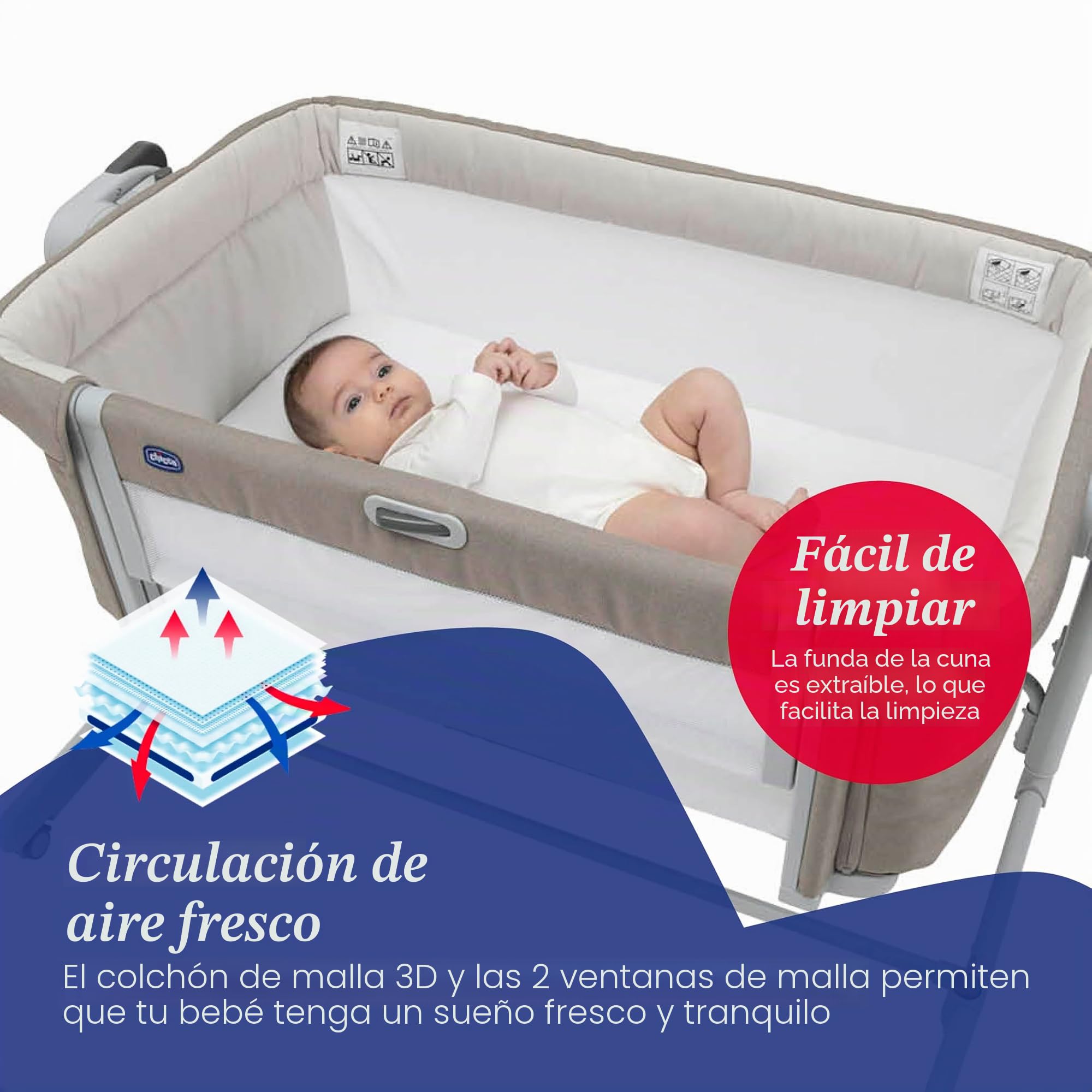 Chicco Next2Me Magic EVO - Cuna Infantil, Compatible con Diferentes Camas, Modo balancín, Altura Ajustable, Barrera Deslizante, 4 Ruedas, Buena circulación de Aire, colchón y Bolsa incluidos, 0-6 m