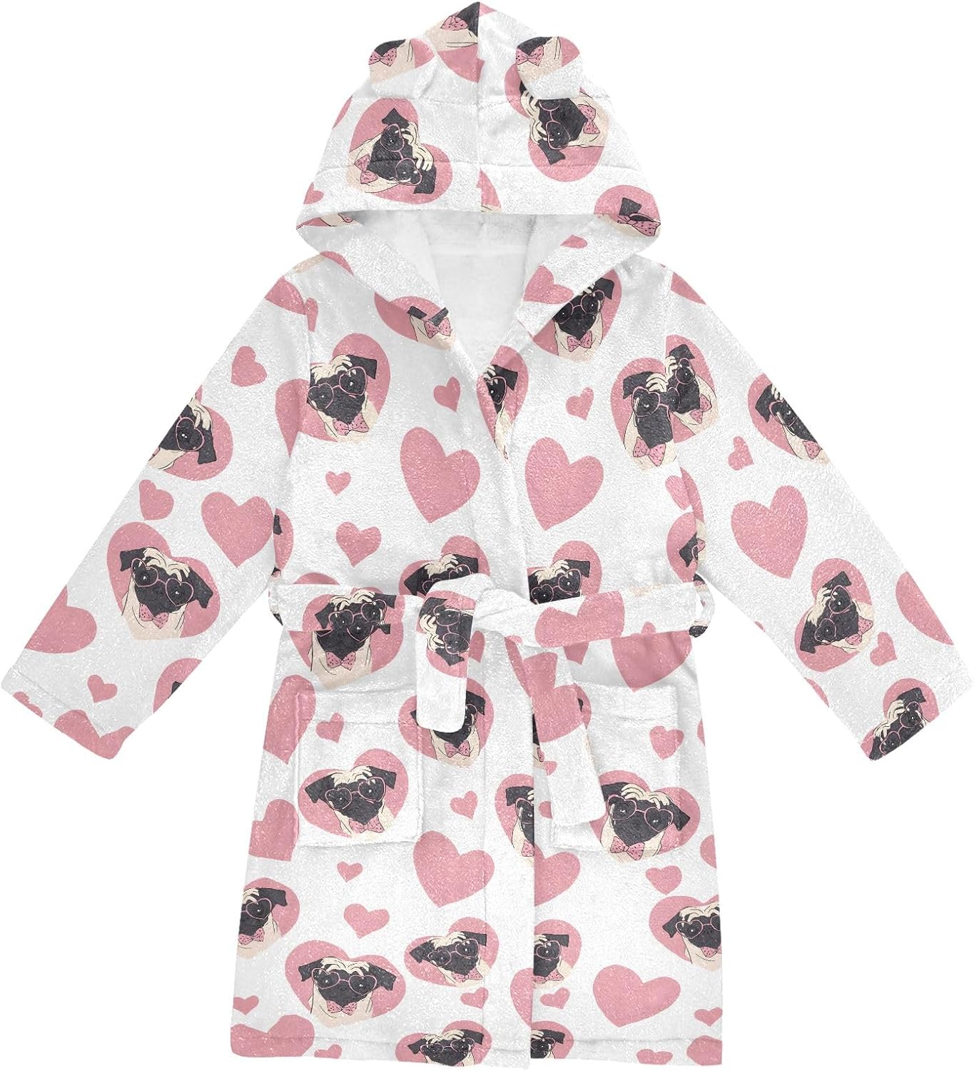 Pink Dog Pattern Toddler Hooded Bathrobe for Boys Girls Soft Plush Bath Towel Robe 2-12 Years