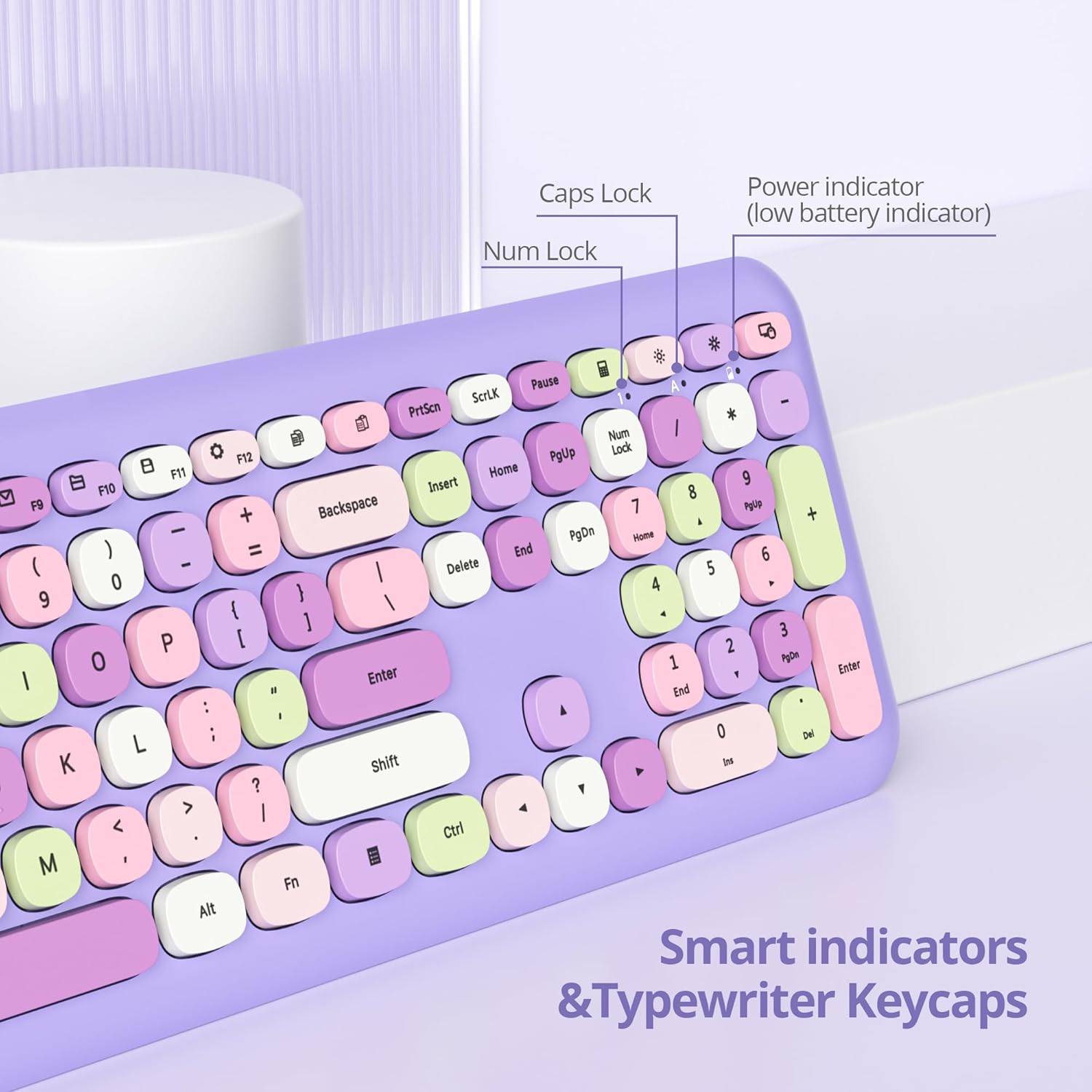 Typewriter Wireless Keyboard and Mouse Combo,2.4G Office 104 Keys Full Size Retro Punk,Cute Purple Silent with Round Keycaps for Laptop PC Desktops (Purple Mix)