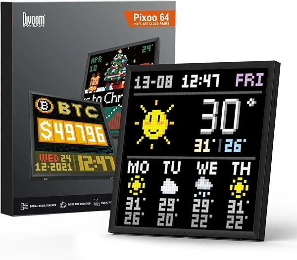 Divoom Pixoo-64 - WiFi Pixel Cloud Digital Frame with APP Control,64 X 64 LED Panel Display Frame for Gaming Room Decoration/Social Media Fans Counter