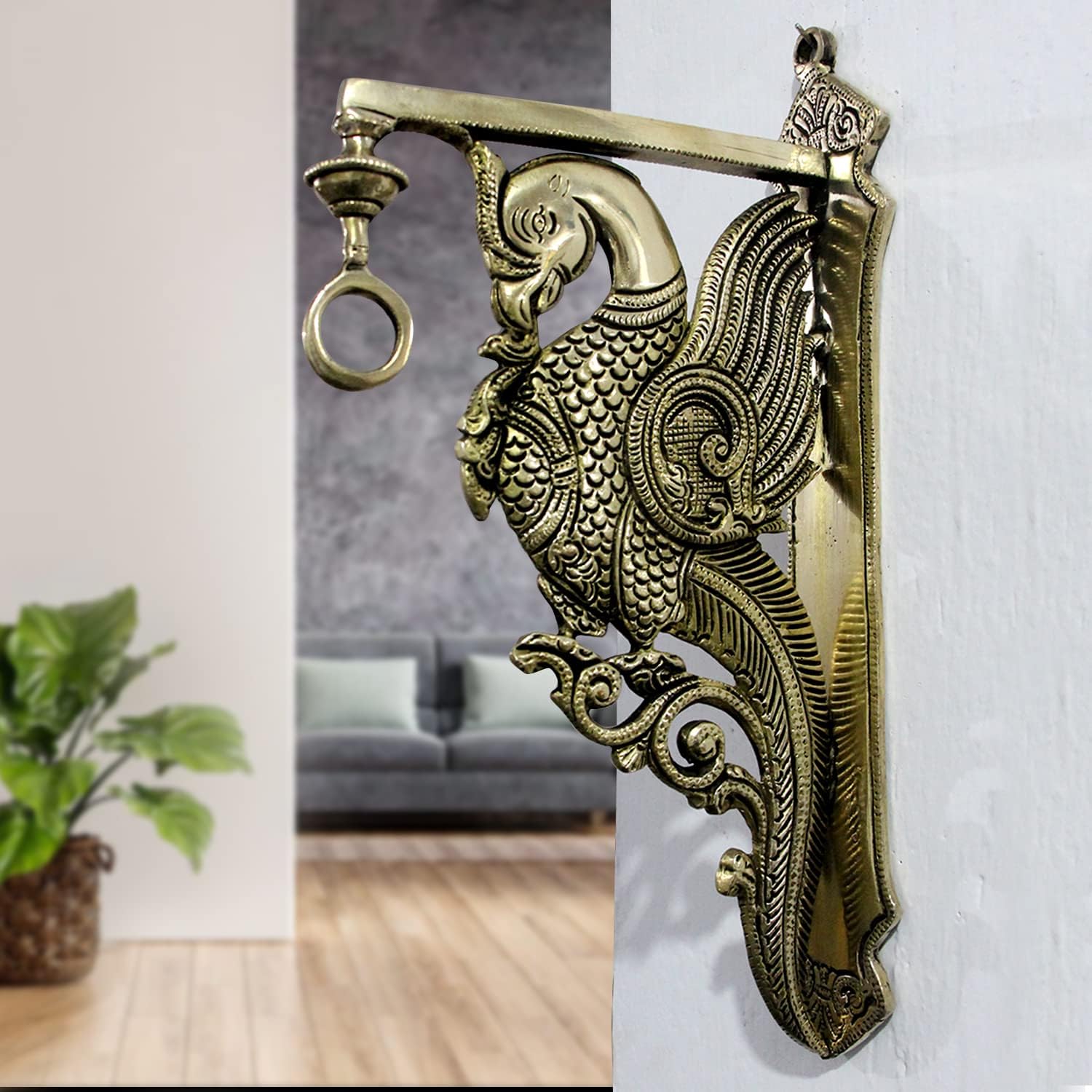 Brass Parrot Design Bracket Hook for Hanging Diya Wind Chime Mandir Bell Wall Hanging Decorative Showpiece Size 12 inch