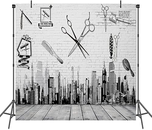 PHMOJEN Telón de fondo de peluquería, vinilo de 6 x 6 pies, peine de corte de pelo, rascacielos estilo ciudad, telón de fondo para fotos, salón de