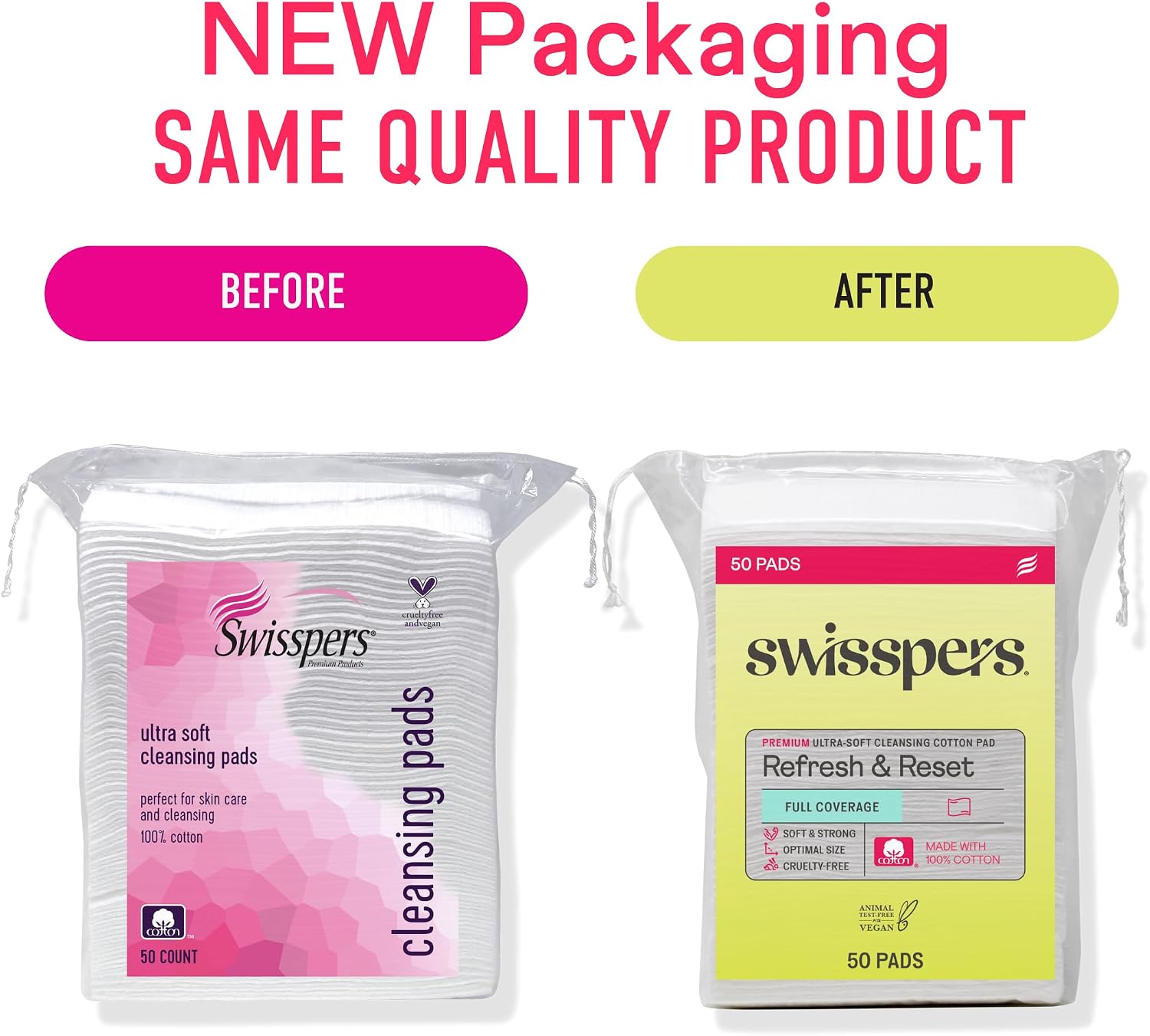 Swisspers Premium Facial Cleansing Pad, 100% Cotton, Ultra Soft, Extra Large, 50 White Pads per Reclosable Bag, 3 Bags (150 Pads Total)
