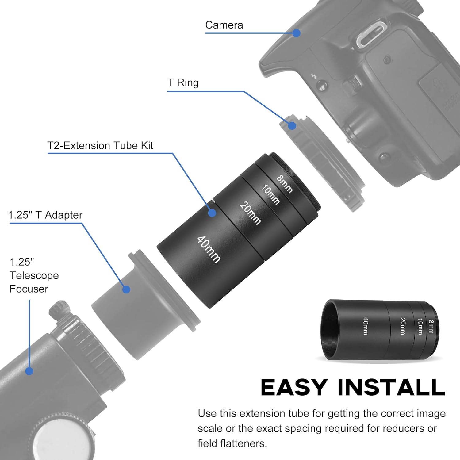 Alstar Pentax-k T-Ring and M42 to 1.25" T-Adapter - Bundle with - T2 8.10.20.40 Extension Tube Kit