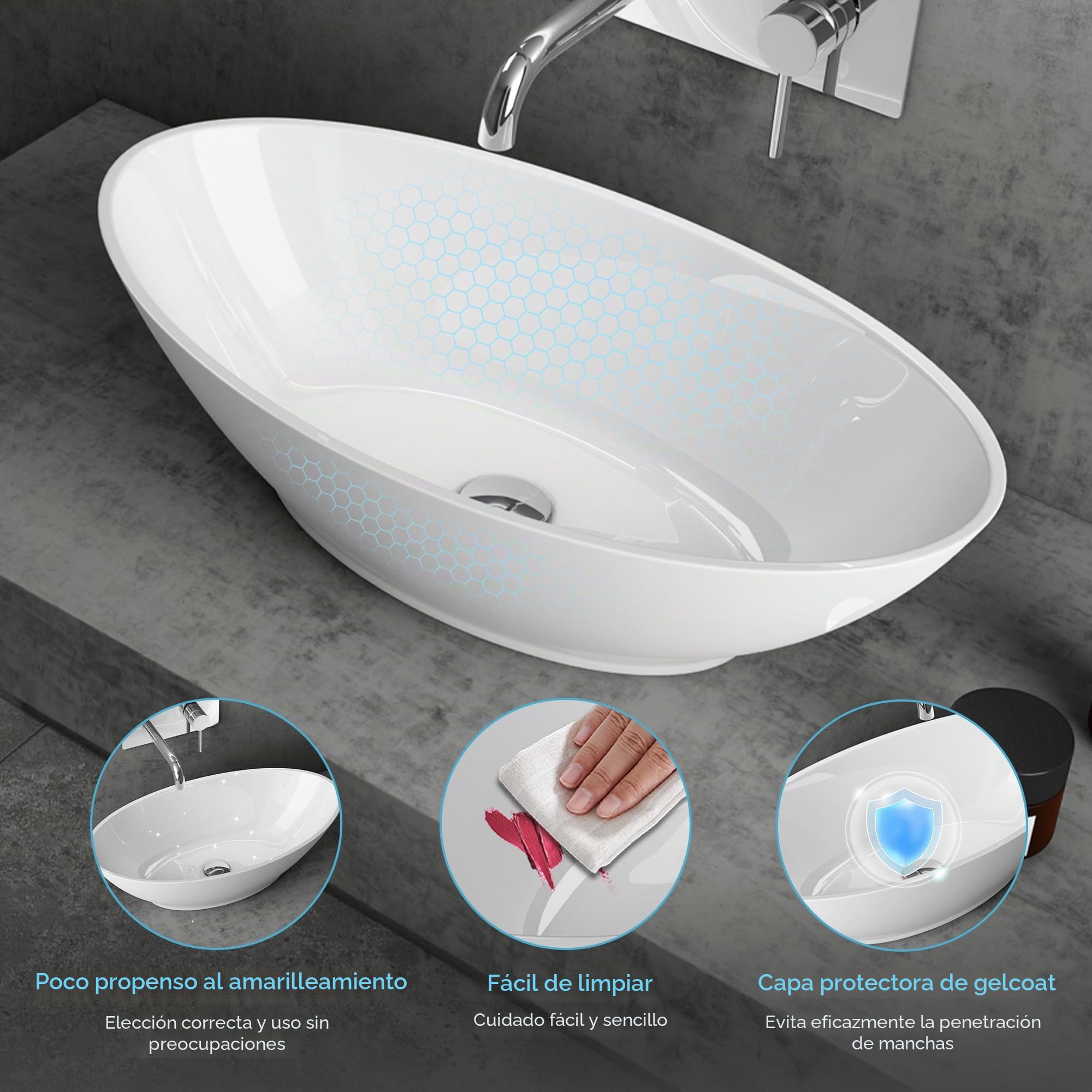 doporro Lavabo Sobre Encimera 63x34x17 cm, Blanco Brillante, Col807