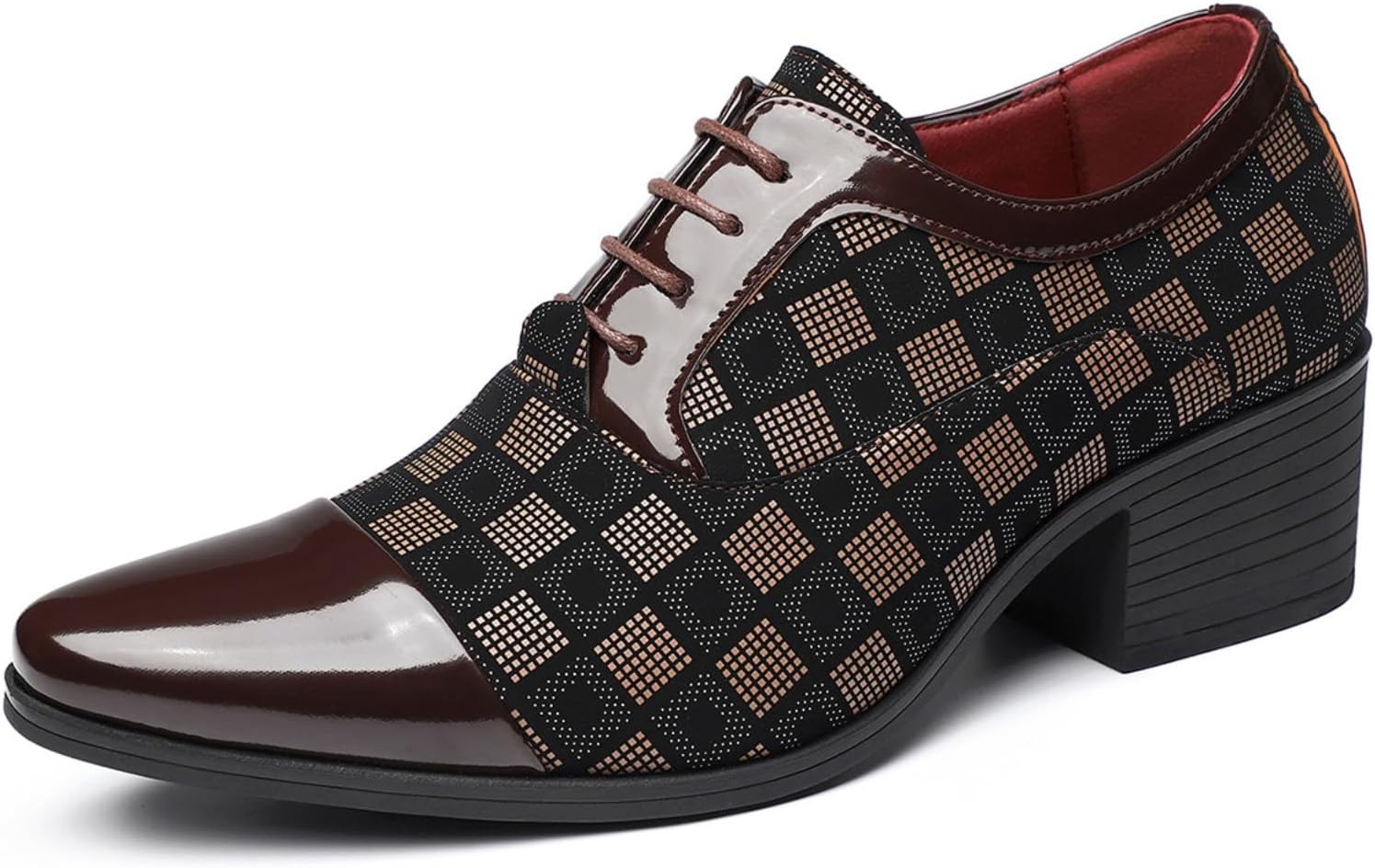 Men's Patterned Patent Leather Lace Up Chunky Heel Dress Oxford Shoes Comfortable Patckwork Cap Pointed Toe Derby Shoes for Party Wedding Formal Event Office Business Work