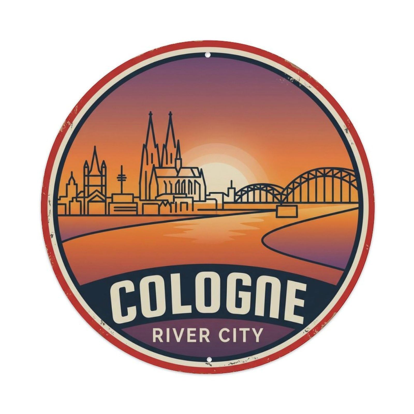 Vintage Travel Cologne Rhine Germany Metal Tin Sign Plaque Wall Decor for Cafe, Club Bar, Office, Home Garden Round Metal Poster 8x8Inch