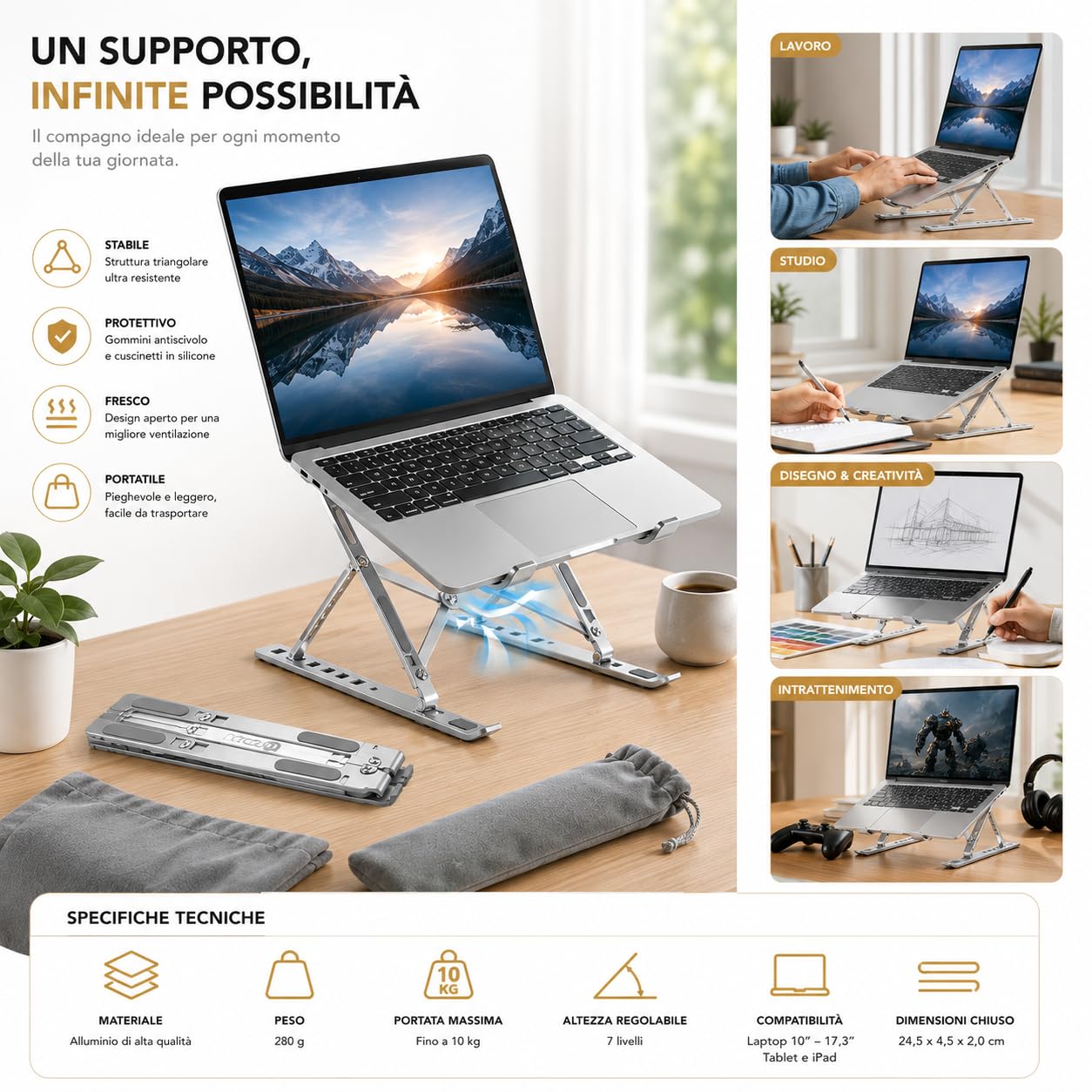 Ali Brothers Supporto per Laptop in Alluminio, Pieghevole e Portatile, Regolabile a 7 Livelli, Antiscivolo, Grigio, Finitura Metallica Anodizzata (supporto da laptop)