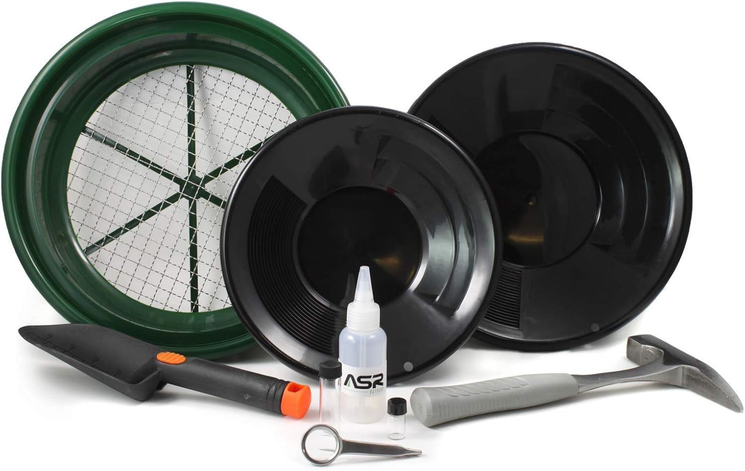 ASR Outdoor 9pc Gold Prospecting Recovery Kit with 1/8 Classifier Screen and Rock Pick Hammer, Black