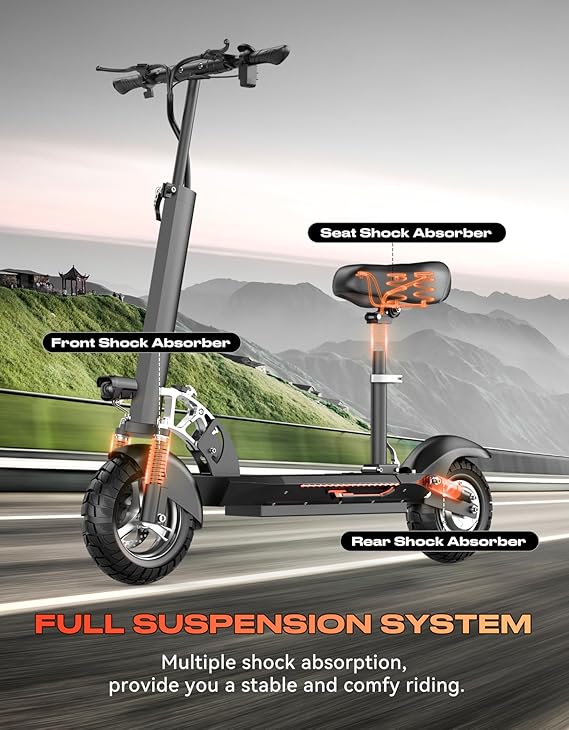 Electric Scooter for Adults with Seat, 1500W Peak Motor, 45-Mile Range, 25Mph Fast Speed, 48V 13AH Battery, Heavy Duty 300+ lbs, Dual Disc Brake, 10 Off-Road Foldable e Scooter for Tenns
