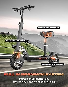 Electric Scooter for Adults with Seat, 1500W Peak Motor, 45-Mile Range, 25Mph Fast Speed, 48V 13AH Battery, Heavy Duty 300+ lbs, Dual Disc Brake, 10 Off-Road Foldable e Scooter for Tenns