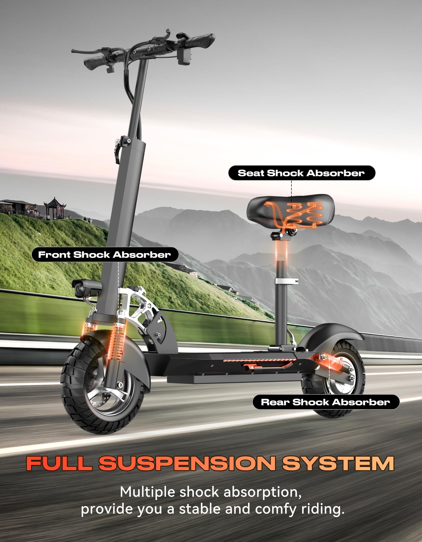 Electric Scooter for Adults with Seat, 1500W Peak Motor, 72 km Range, 40 km/h Top Speed, 48V 13Ah Battery, 136 kg Load Capacity, Dual Disc Brake, 10" Off-Road Foldable E-Scooter for Teens & Adults — view 6
