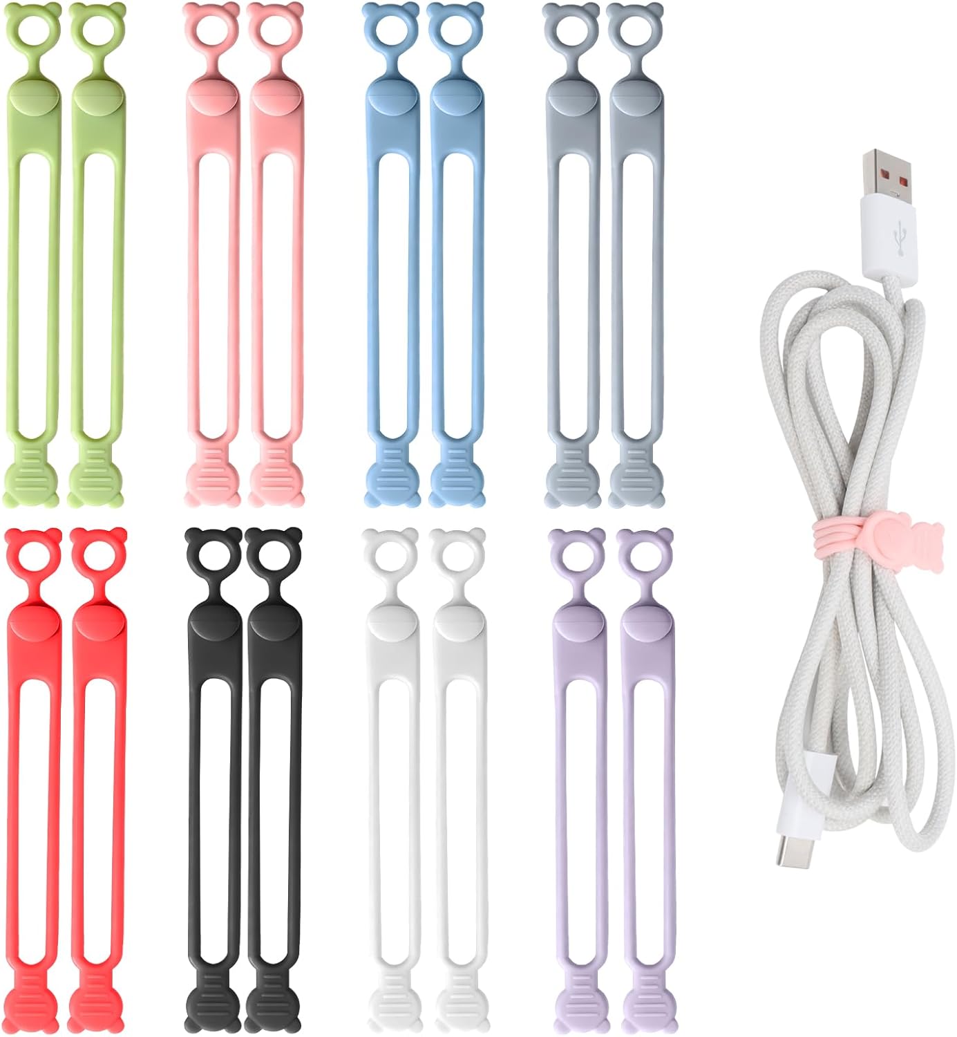 CaiyiDiyue16Pcs Silicone Cable Ties，Reusable Cable Management Organizer for Bundling Earphone、Phone Charger、Computer Cords Multipurpose Elastic Cord suitable for Home,Office,Travel (8 Colors)