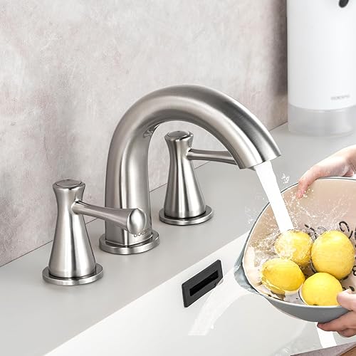 Miniatura 6 de GOESMO Grifo de baño para 3 agujeros con 2 asas, control de temperatura fría y caliente, flujo de agua ajustable, grifo de níquel cepillado, carrete
