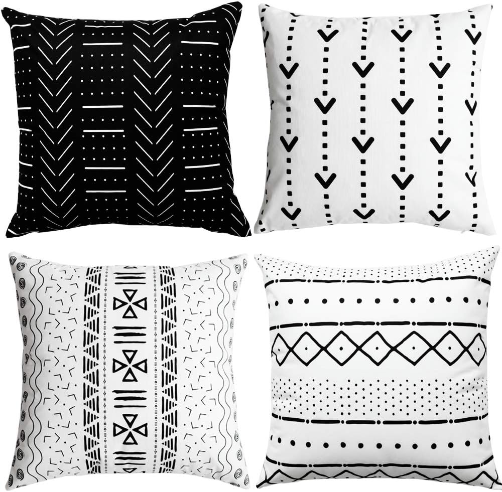 WLNUI Set of 4 Black Decorative Pillow Covers 18x18 Inch Boho Modern Throw Pillow Covers Geometric Mudcloth Linen Neutral Square Cushion Case for Sofa Couch Chair Farmhouse Decor
