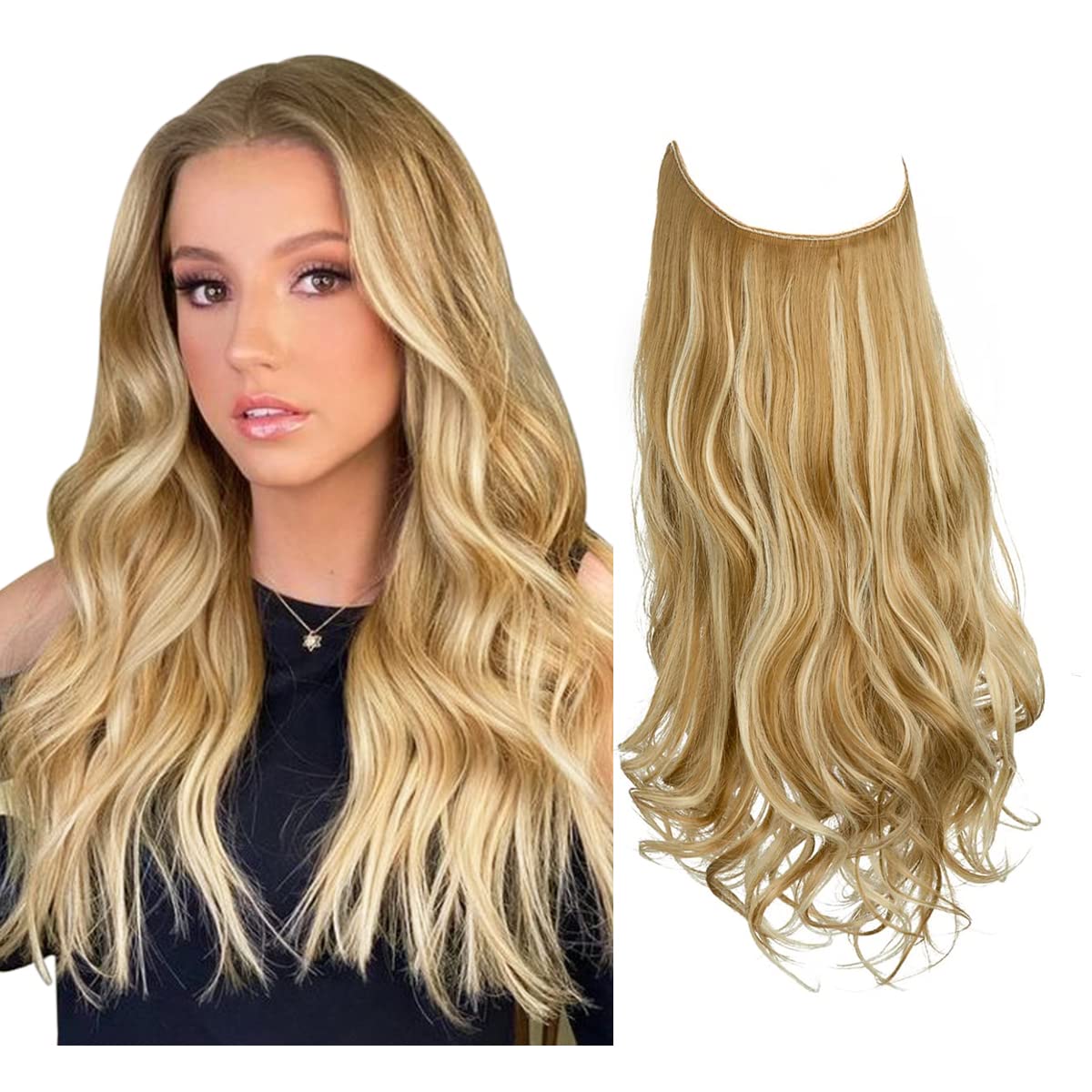 SARLA Invisible Wire Hair Extensions Highlights Long Wavy Curly Synthetic Hairpiece for Women Adjustable Transparent Headband 22 Inch
