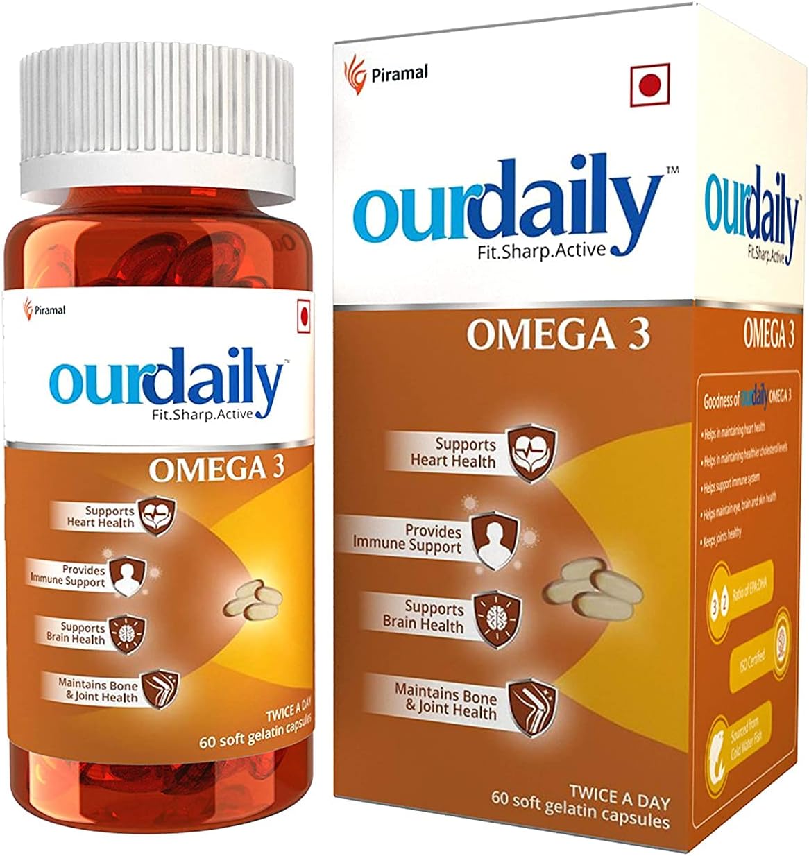 Our-daily Omega 3 Fish Oil Double Strength 1000 mg Omega (330mg EPA, 220mg DHA- per serving) from Piramal, for immunity, brain, heart, bones & joints and eye health, 60 Softgel capsules