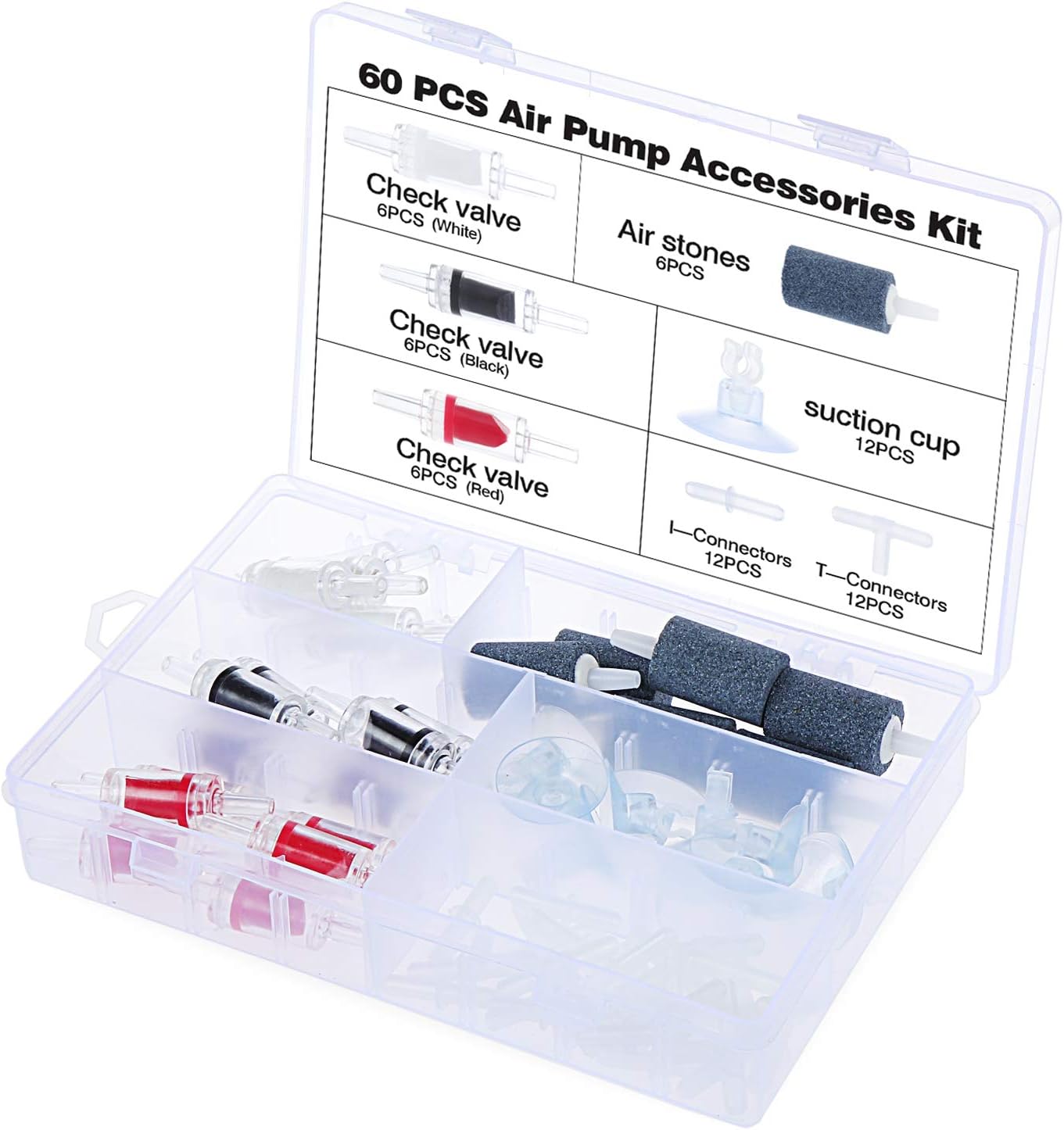 60 Pieces Fish Tank Air Pump Accessories Kits, 18 Check Valves, 6 Bubble Air Stones, 12 Suction Cup Clips, 24 I & T Type Connectors,with Storage Box