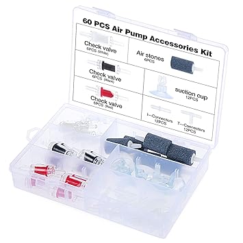 ESUMIC 60 Pieces Fish Tank Air Pump Accessories Kits, 18 Check Valves, 6 Bubble Air Stones, 12 Suction Cup Clips, 24 I & T Type Connectors